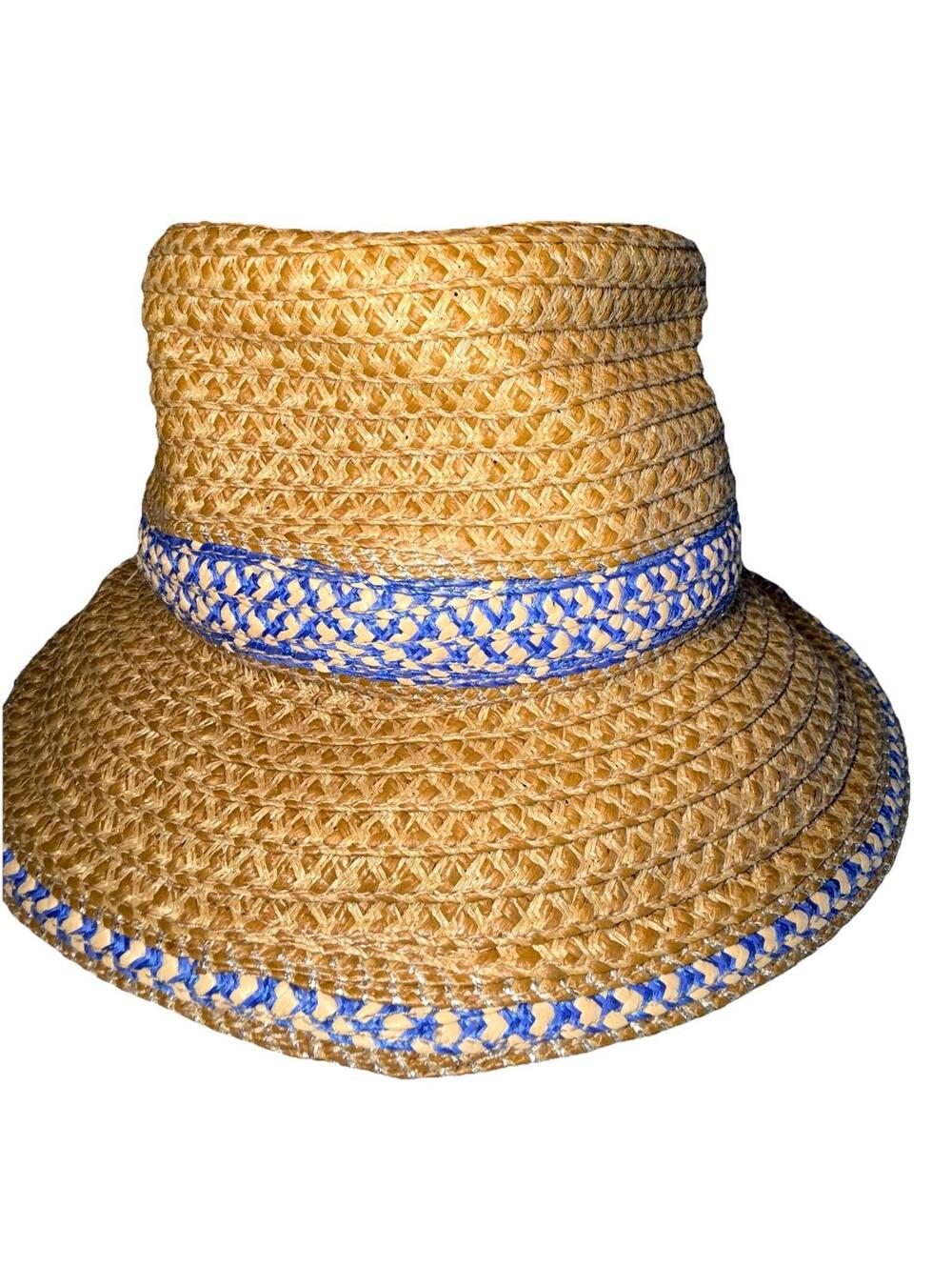 Eric Javits Woven Raffia Straw Hat UPF 50+ Packable Squishee Bucket Beige Blue - Picture 1 of 8